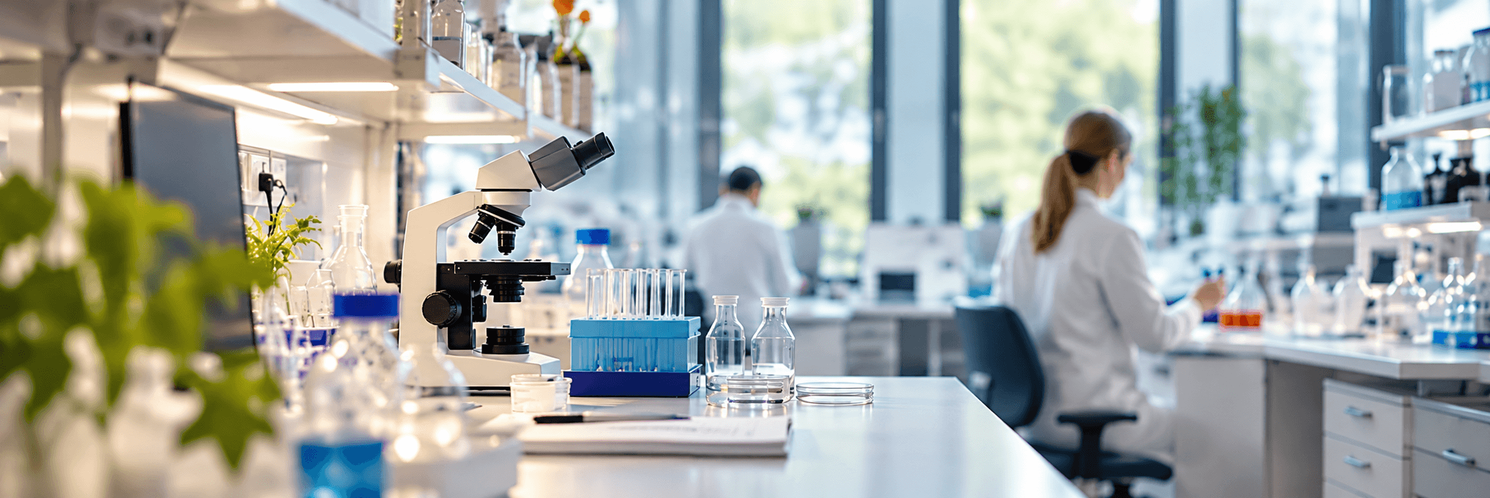 Ljus laboratoriemiljö med mikroskop och laboratorieutrustning på en arbetsbänk.