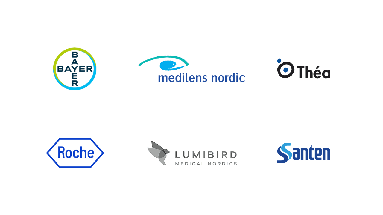 Logotyper för de sex sponsorerna till Ögonfondens Ögats Dag 2025: Bayer, Medilens Nordic, Théa, Roche, Lumibird Medical Nordics och Santen.
