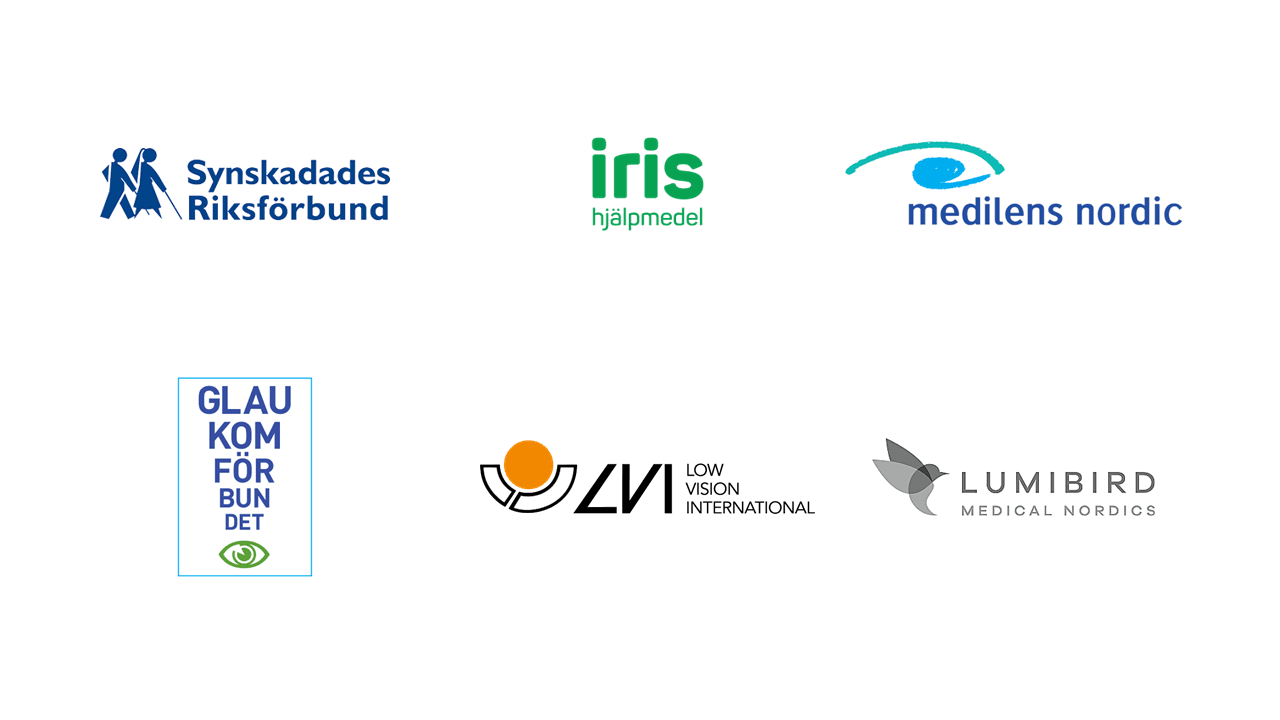 Logotyper för de sex utställarna på Ögonfondens Ögats Dag 2025: Synskadades Riksförbund, Iris Hjälpmedel, Medilens Nordic, Glaukomförbundet, Low Vision International (LVI) och Lumibird Medical Nordics.