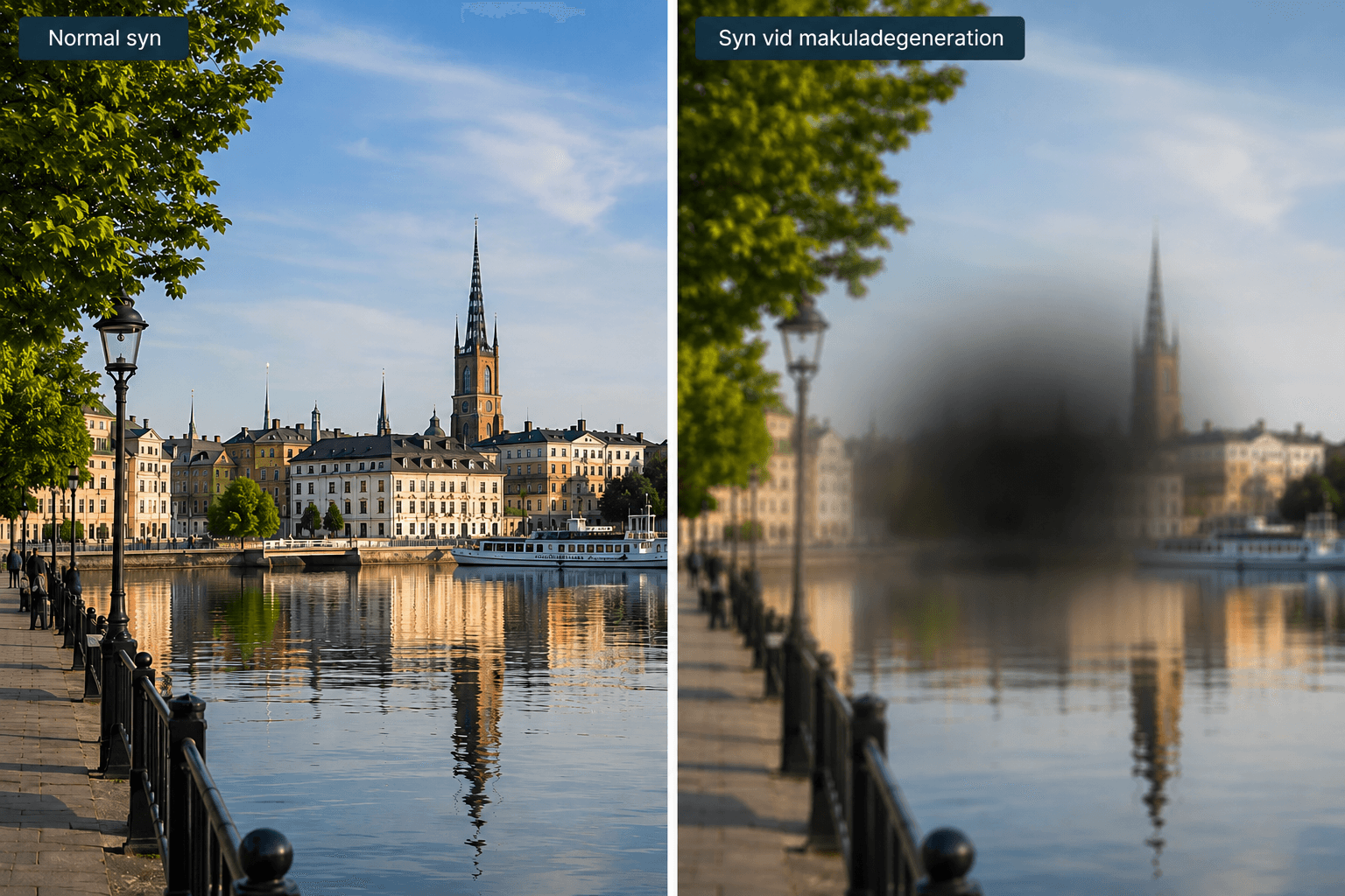 Två bilder av samma stadsmiljö. Till vänster visas normal syn. Till höger illustreras hur synen kan påverkas vid geografisk atrofi, med en mörk och suddig fläck i mitten av synfältet medan delar av synen runt omkring finns kvar.