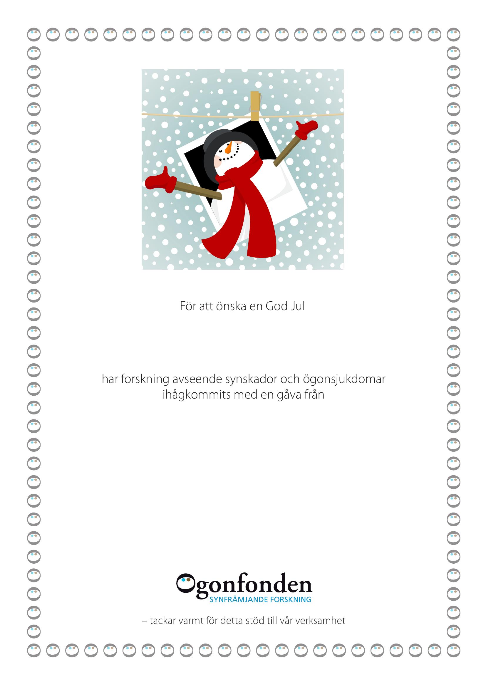 Julkort — snögubbe hängd på tvättlina